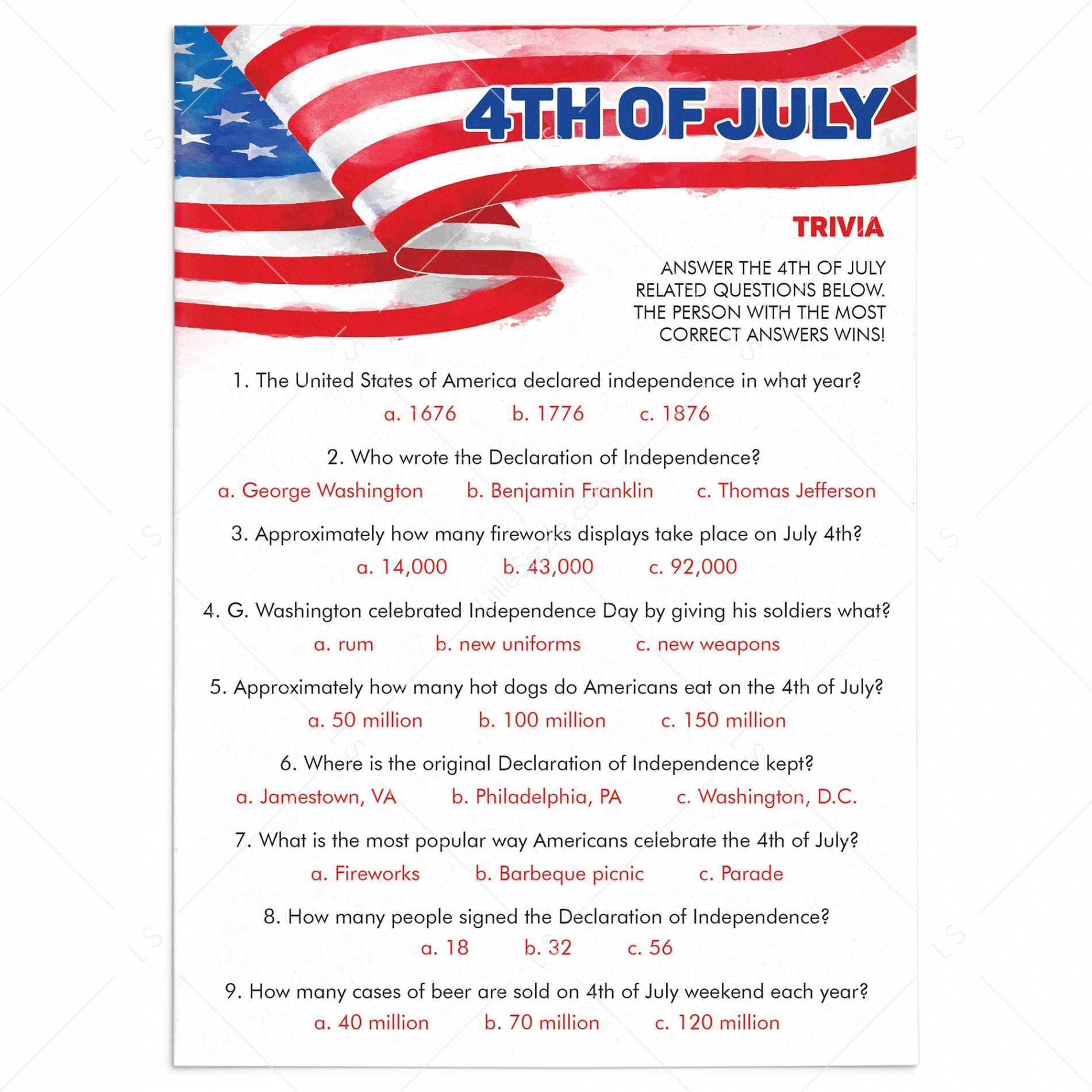 th of July Trivia  Printable & Virtual  Independence Day Quiz