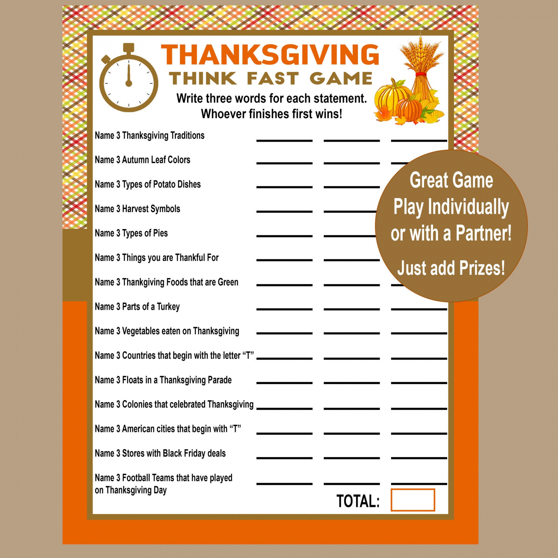 Thanksgiving Trivia Game Think Fast Game Thanksgiving - Etsy