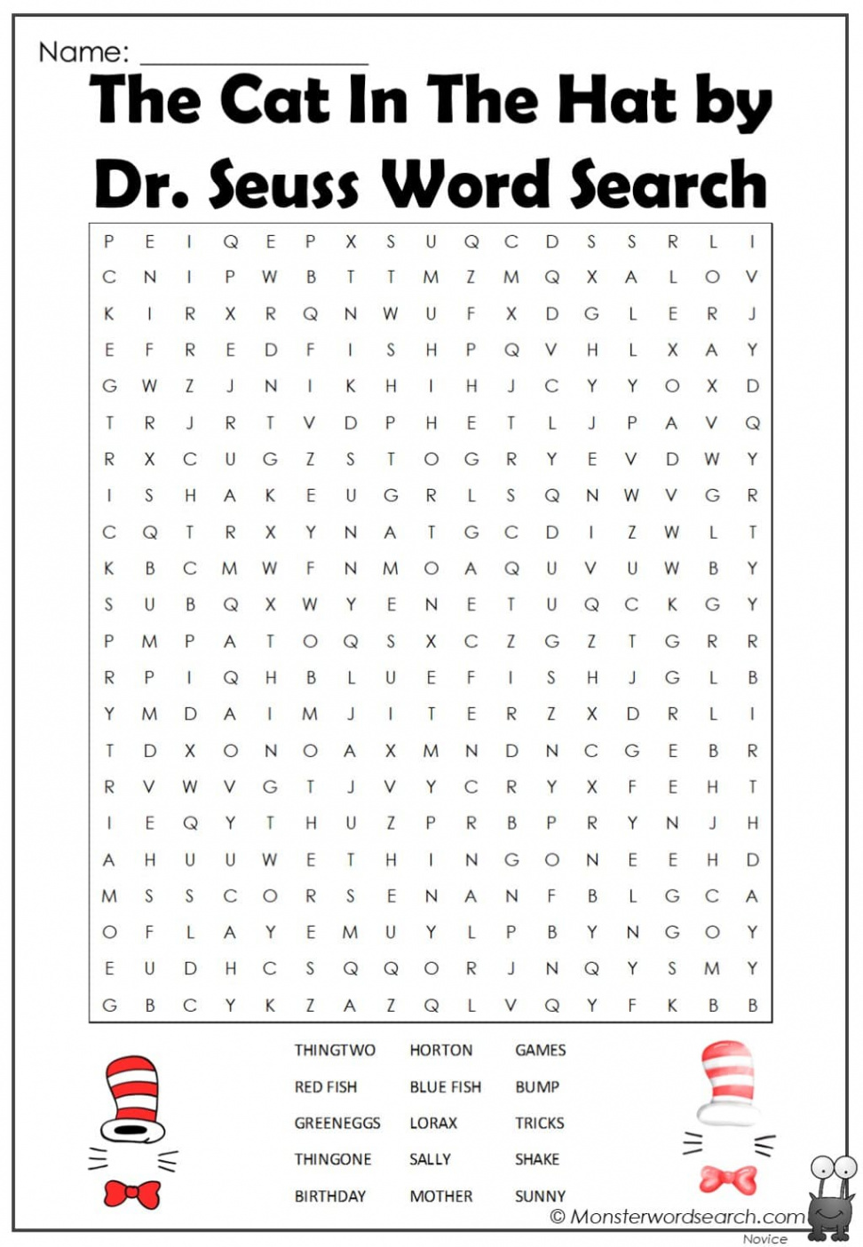 the cat in the hat by dr seuss word search - Monster Word Search