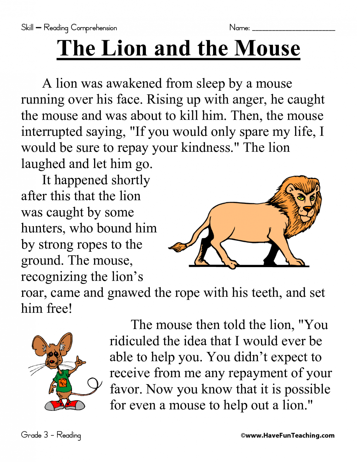 The Lion an the mouse  First grade reading comprehension, Third