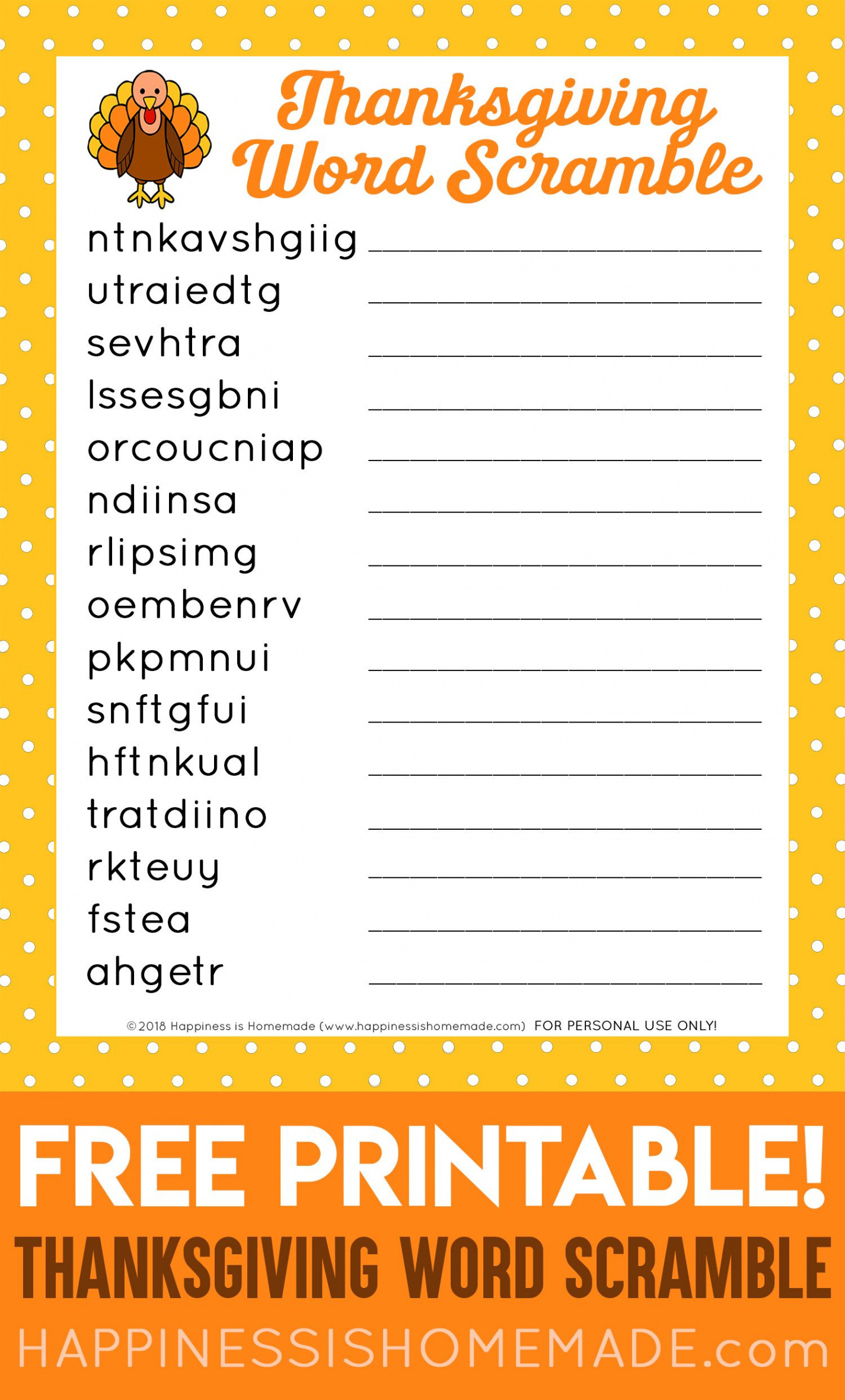 This FREE printable Thanksgiving Word Scramble puzzle is a ton of