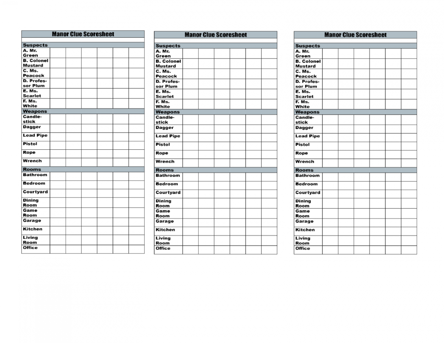 Time to Talk About It: CLUE  Manor Beach Score Sheets  Clue