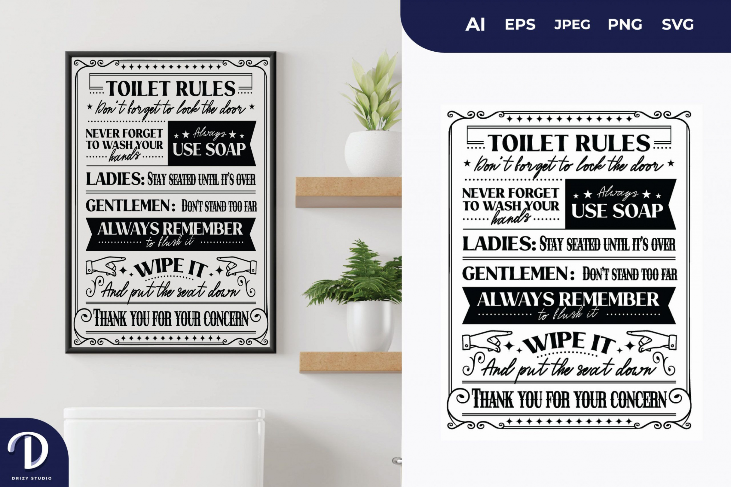 Toilet Rules, Printable A Decorative Bathroom Sign SVG - Drizy Studio