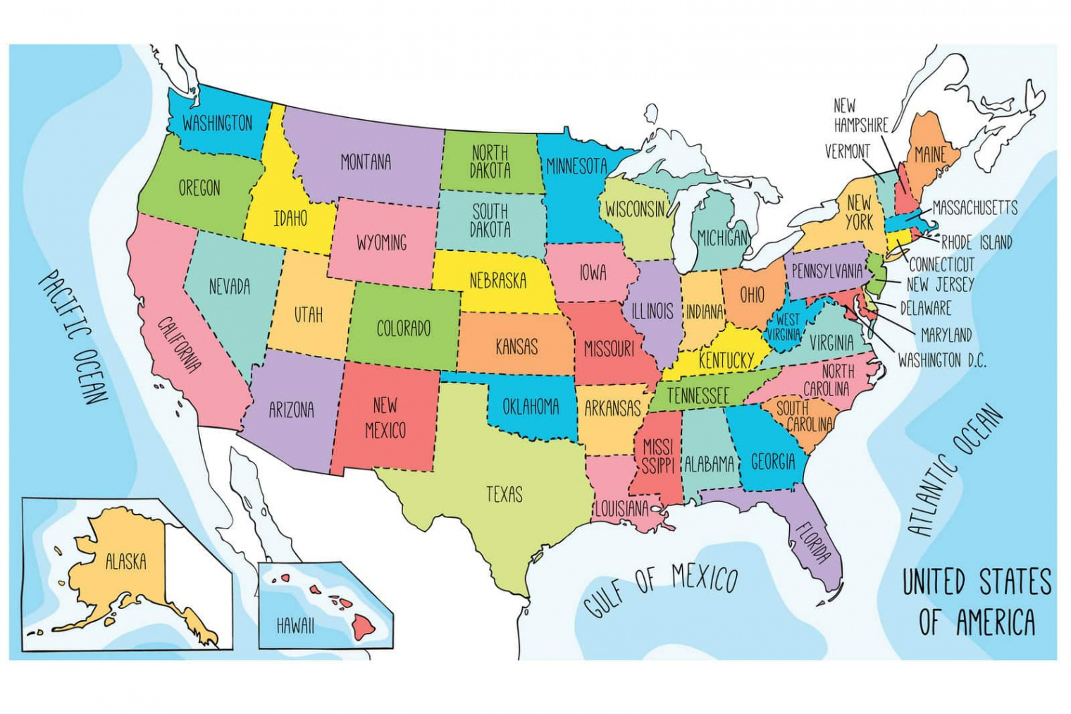 US maps to print and color - includes state names, at