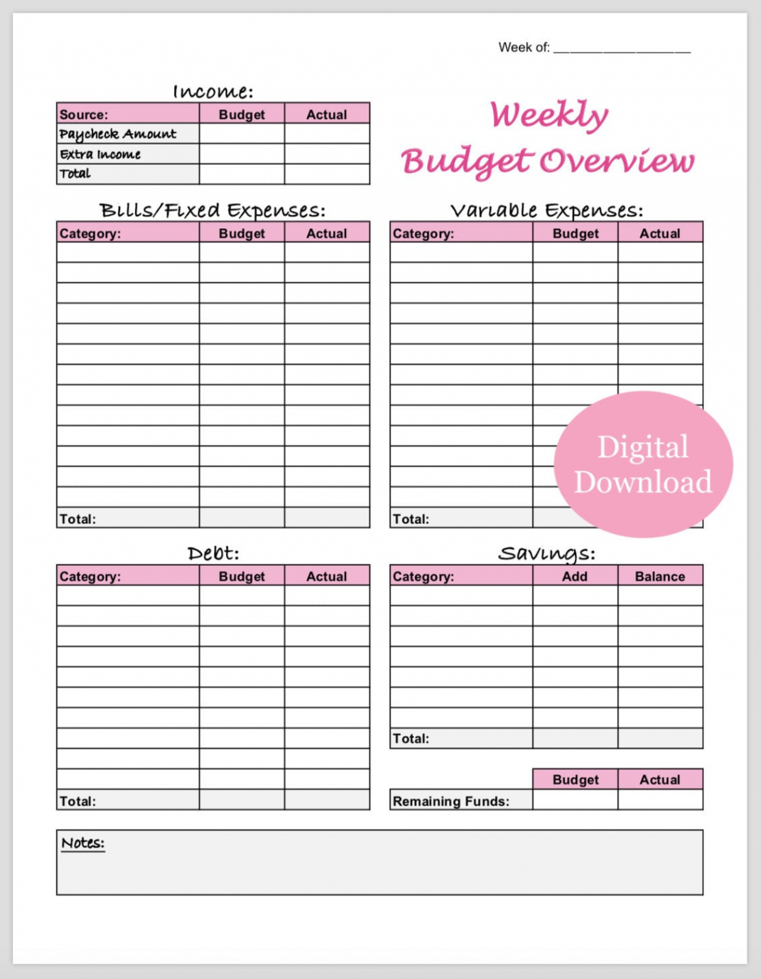 Weekly Budget Overview Template Printable pink - Etsy UK