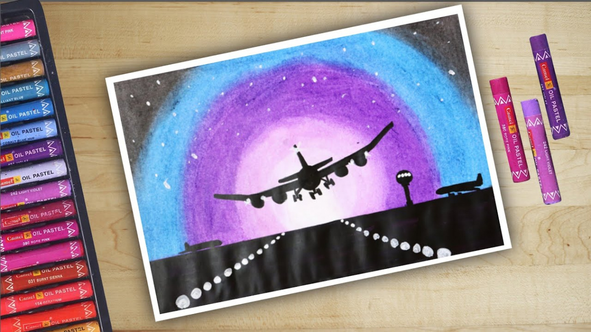 Aeroplane Landing scene oil pastel drawing  how to draw plane