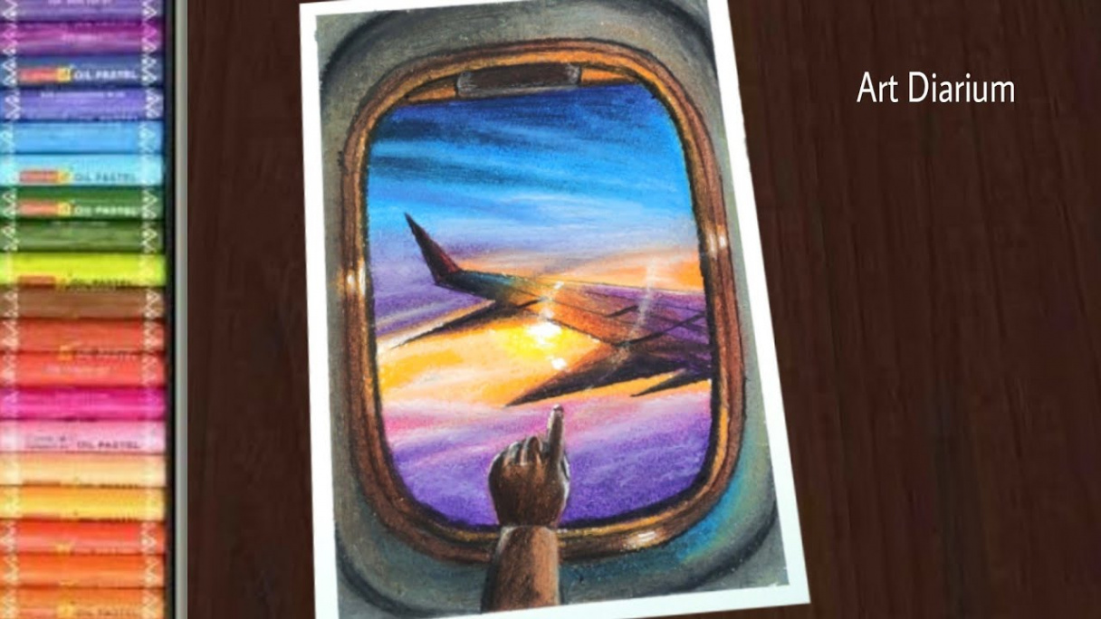 Airplane Window View Drawing with Oil Pastel for Beginners - Step by Step