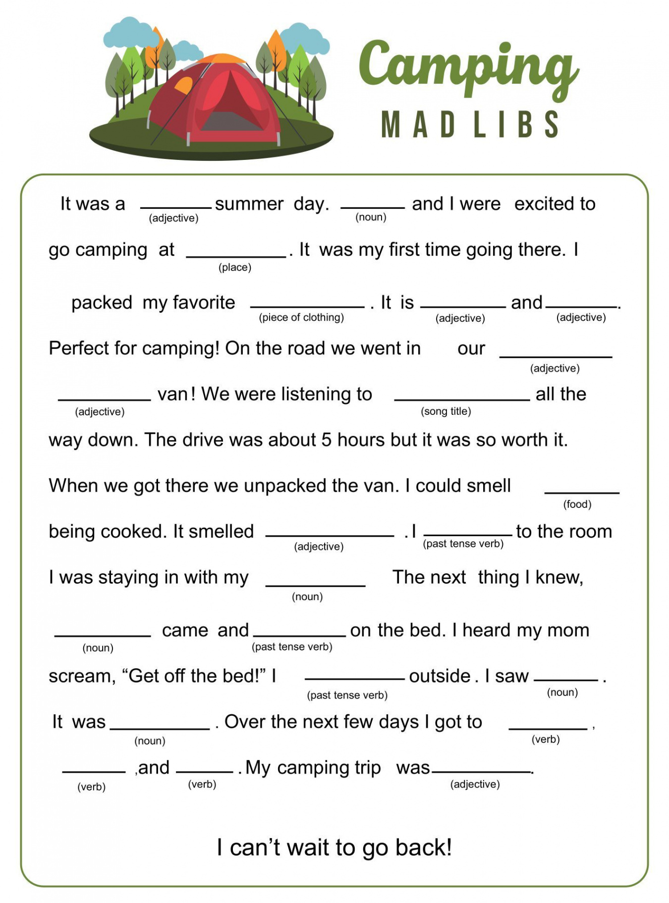 Best Camping Mad Libs Printable PDF for Free at Printablee