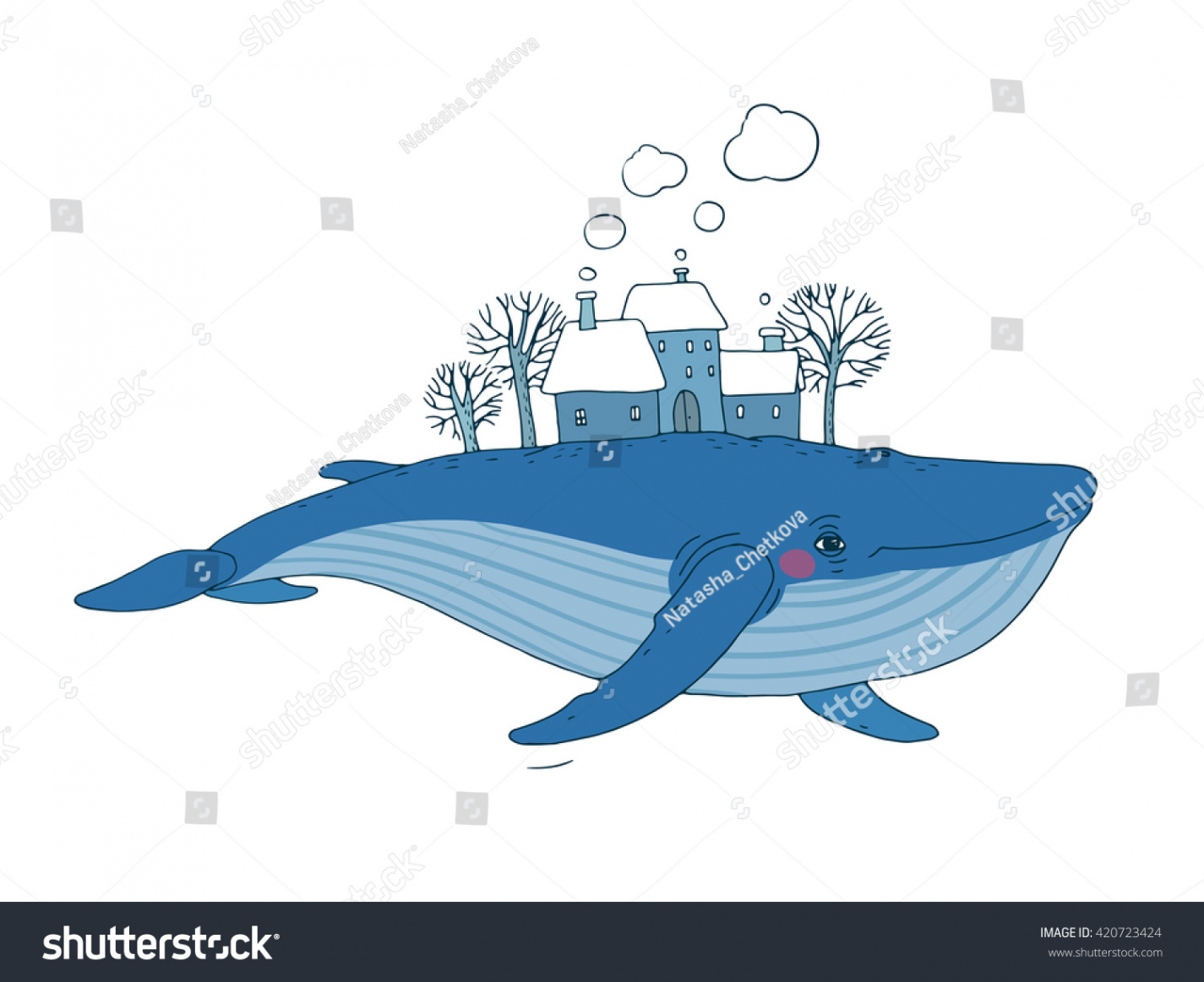 Big Beautiful Whale Winter Landscape Village Stock Vector (Royalty