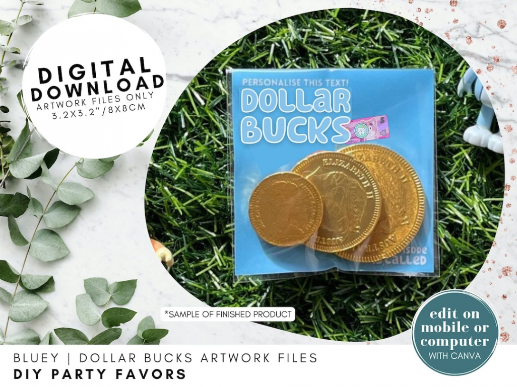 Bluey Dollar Bucks Treat Bag Artwork Party Favors Editable - Etsy