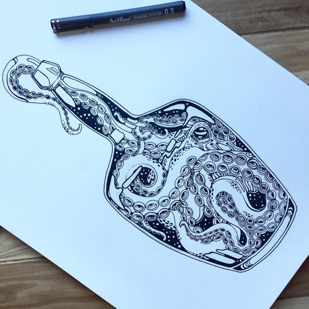 Captivating Drawings of Bottles and Octopuses