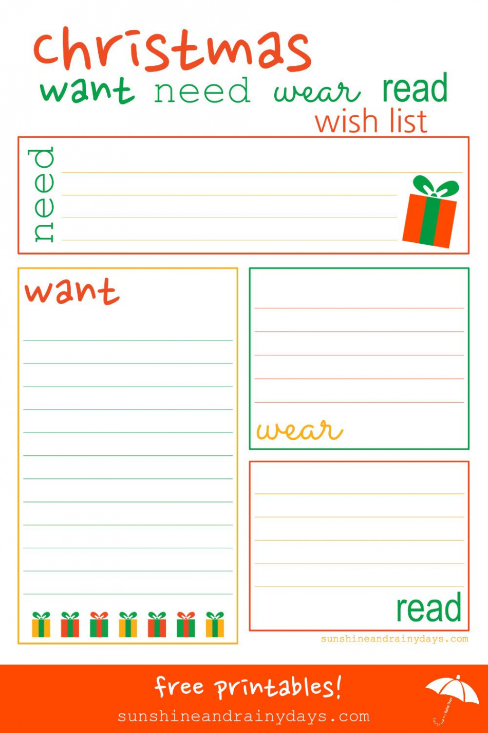 Christmas Want, Need, Wear, Read Gift and Wish List  Kids