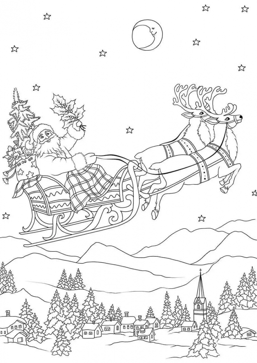 Coloring Page Santa in sleigh - free printable coloring pages