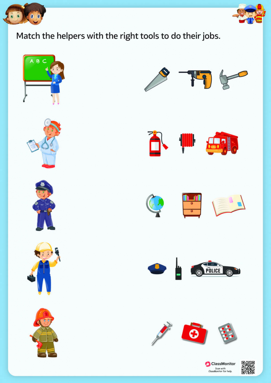 Community Helpers Activity Worksheet - Match The Helpers With The