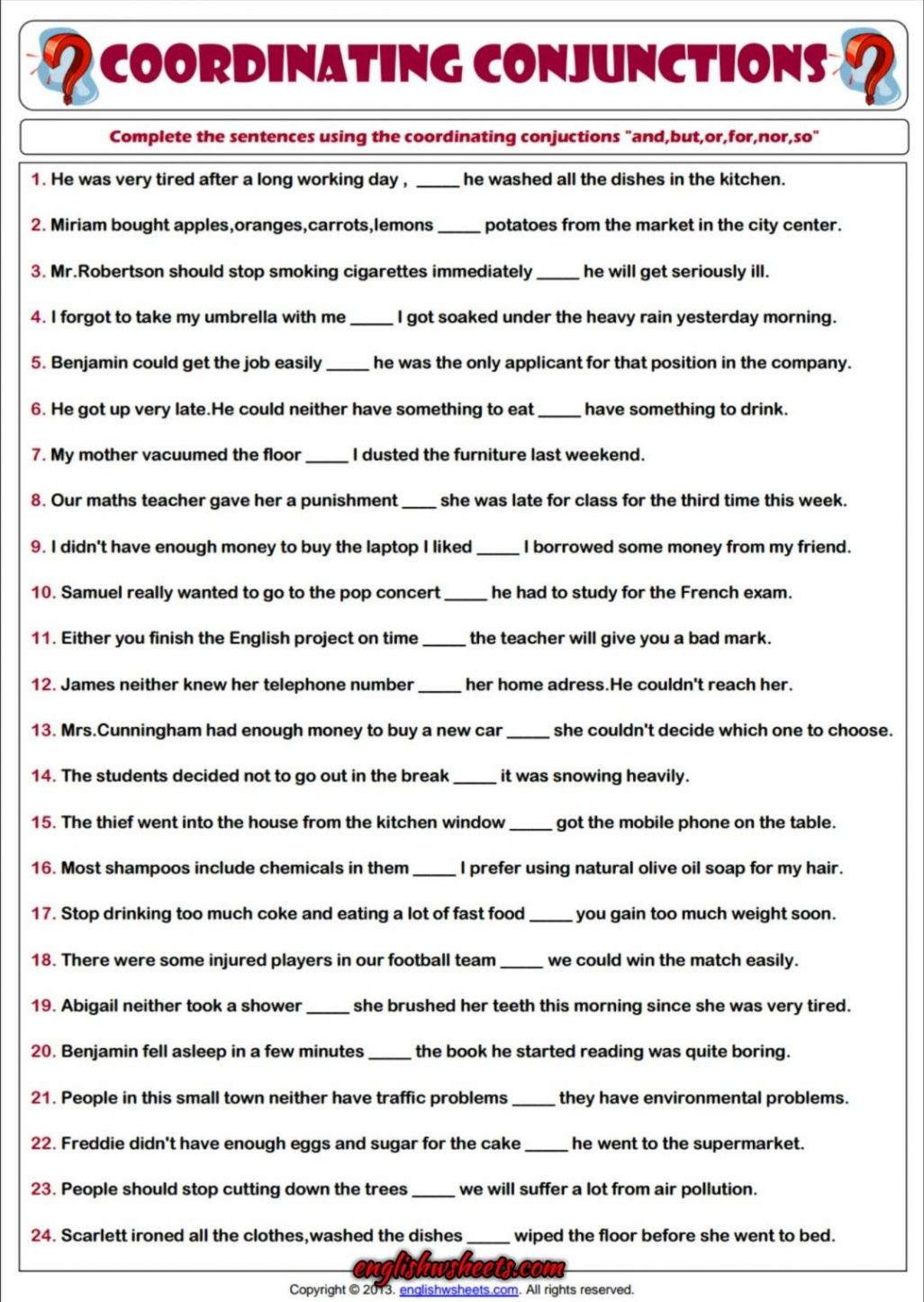 Coordinating Conjunctions ESL Printable Grammar Worksheet