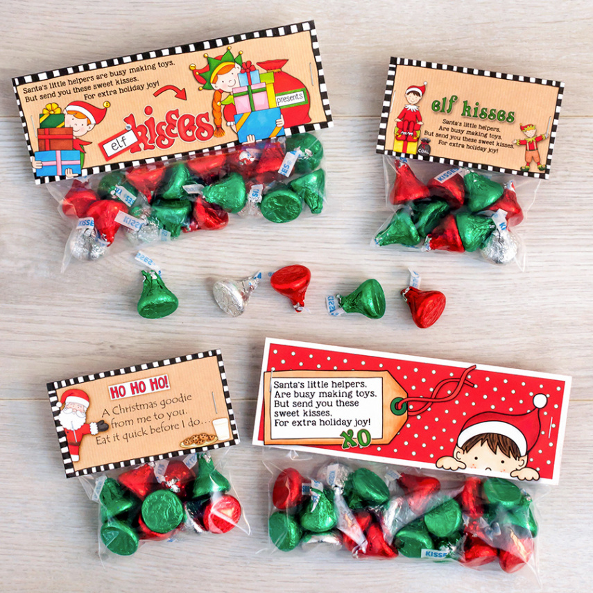 Cute Elf Kisses treat bag topper printable