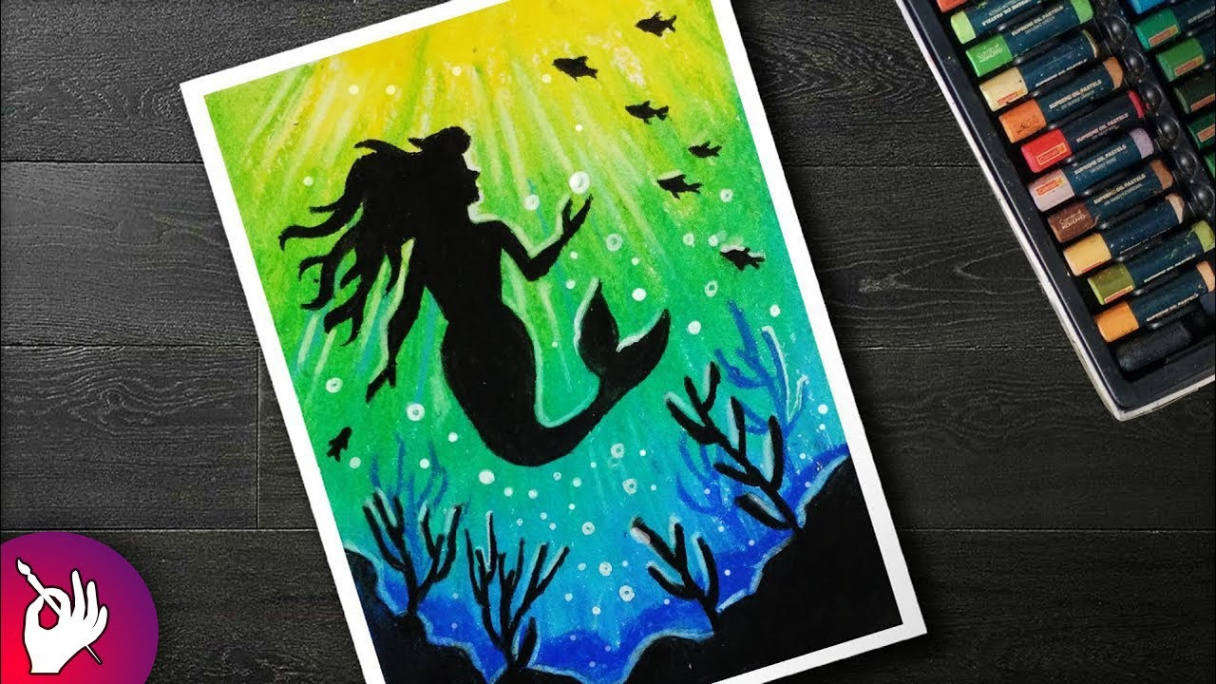 Disney mermaid Scenery drawing for beginners with oil pastels step by step