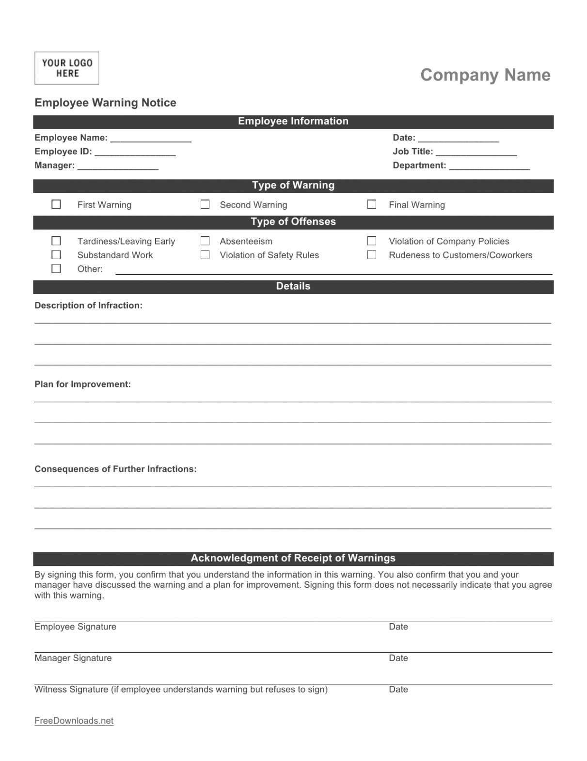 Download Employee Write-up Form  PDF  RTF  Word  FreeDownloads