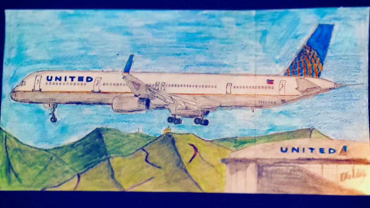 Drawing an United Airlines “LONG-STICK” How to draw Boeing - airplane  time lapse