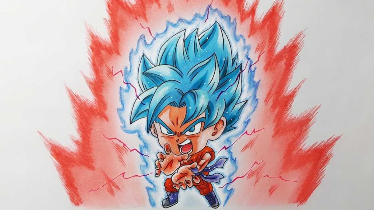 Drawing Chibi Goku Super Saiyan Blue kaioken x Kamehameha