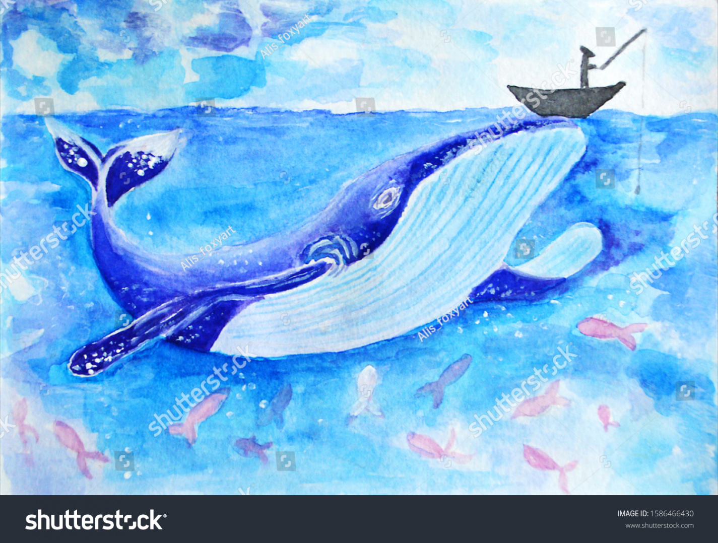 Drawing Watercolor Whale Ocean Small Boat Stock Illustration