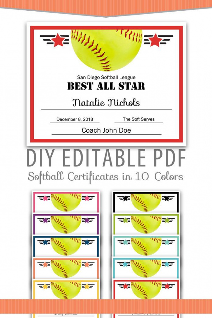 Editable PDF Sports Team Softball Certificate Award Template