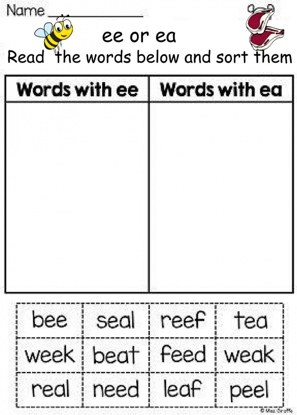 Ee or ea sorting worksheet  Phonics worksheets, Phonics, Ea words