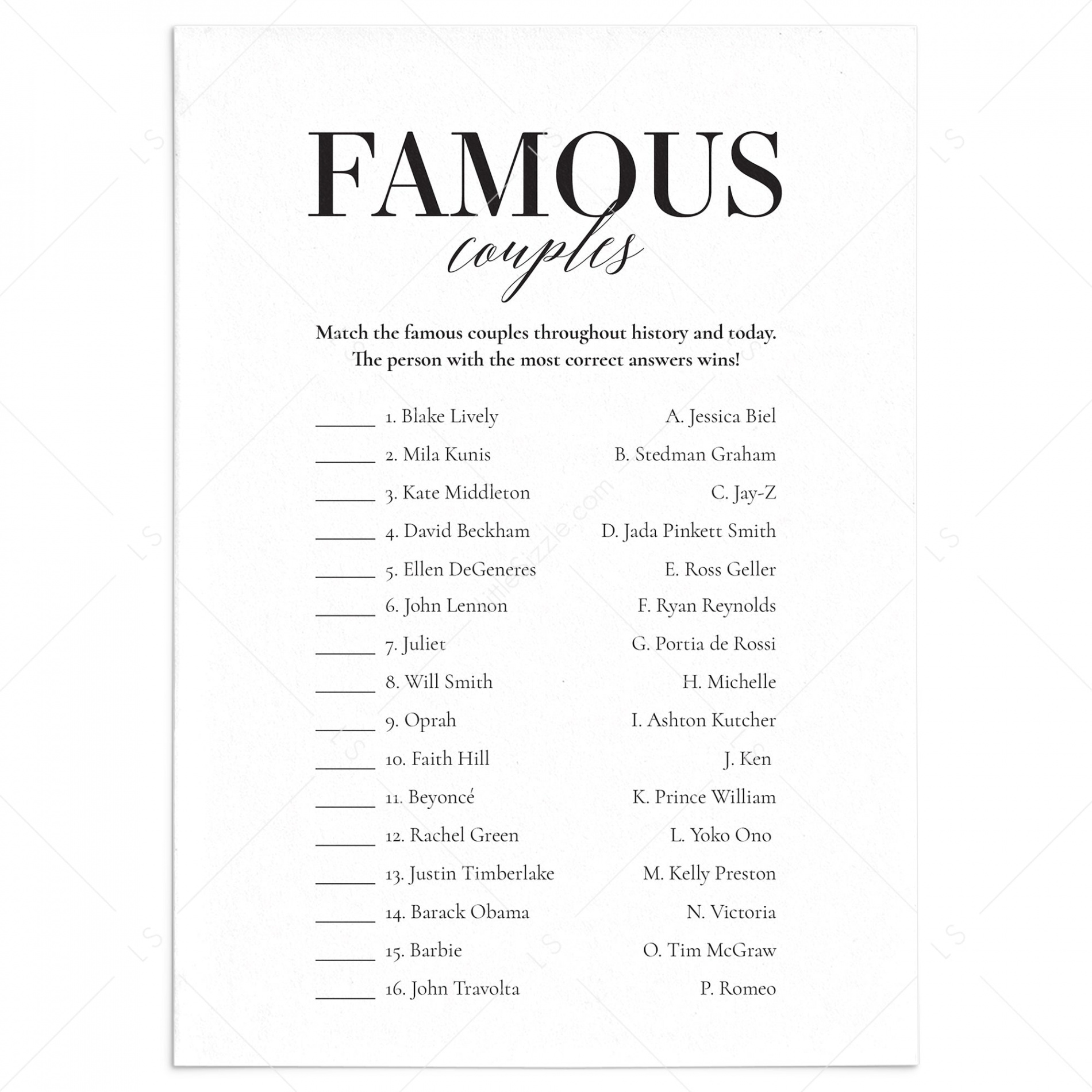 Famous Couples Game with Answer Key Printable  Match The