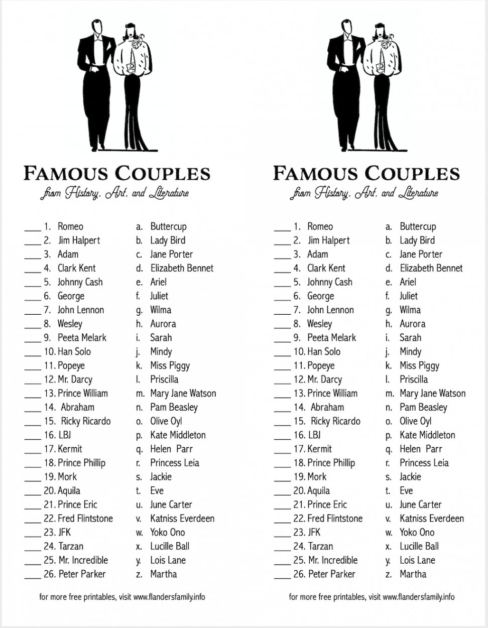 Famous Couples Matching Game - Flanders Family Home Life