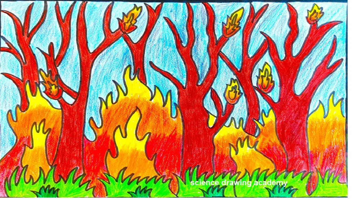 forest fire drawing (natural disaster drawing) in simple and easy steps   science drawing academy