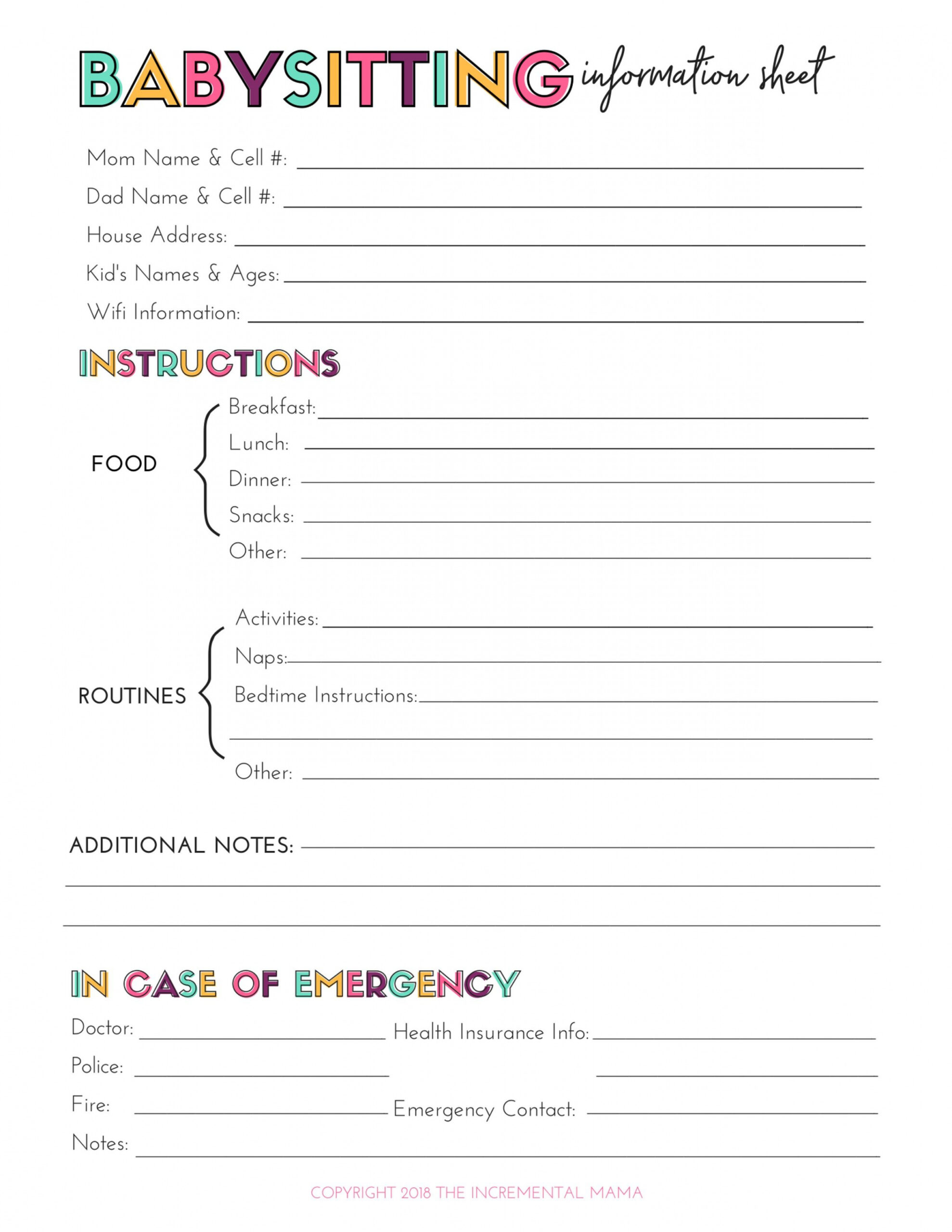 Free Printable Babysitting Information Sheet  Babysitter