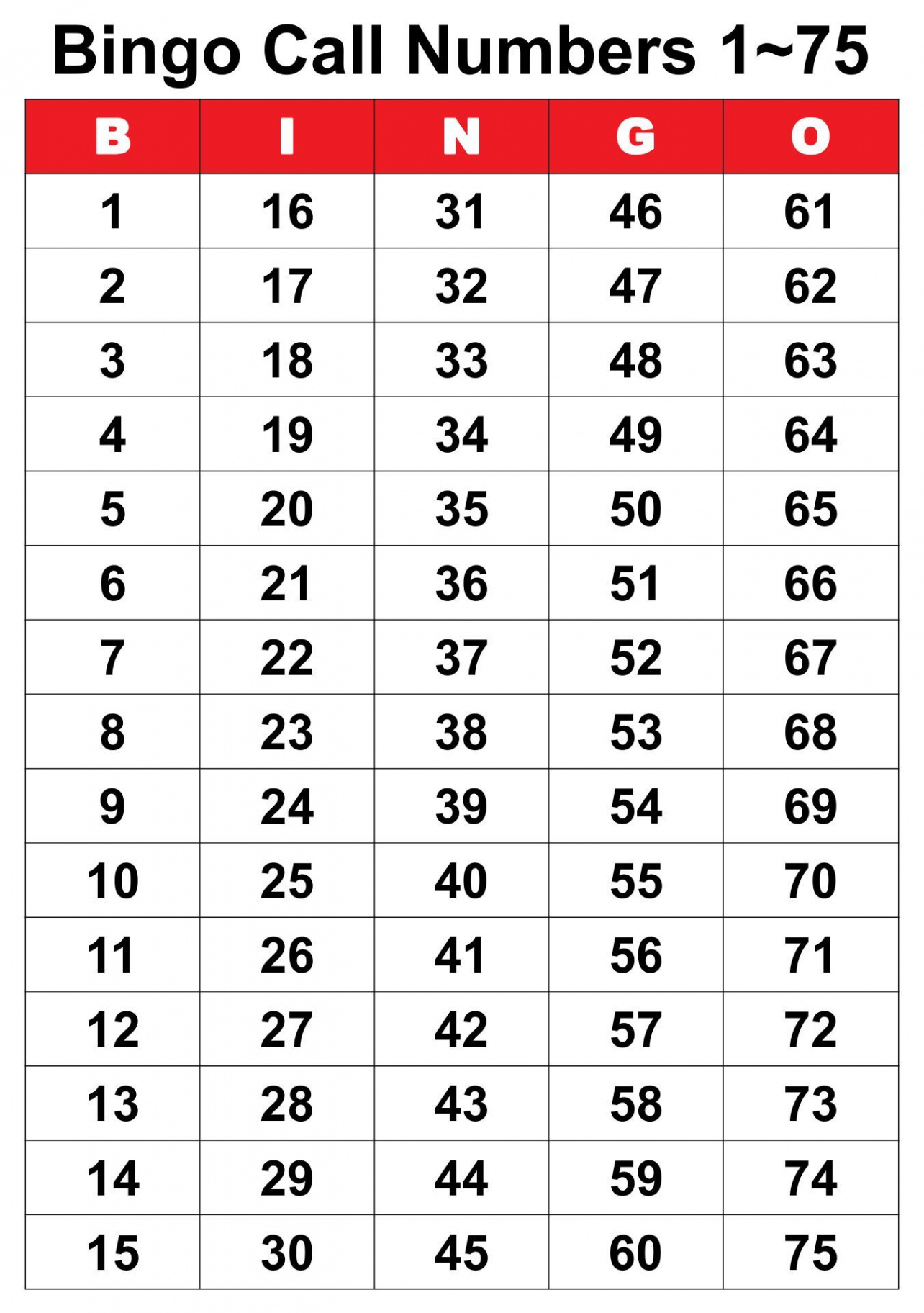 Free Printable Bingo Call Numbers -  Free printable bingo