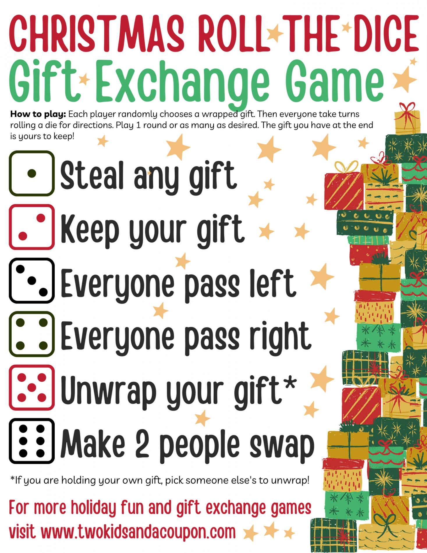 Free Printable Christmas Dice Game for Gift Exchanges