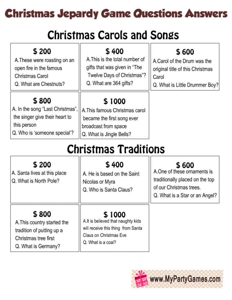 Free Printable Christmas Jeopardy Game Board and Question Cards