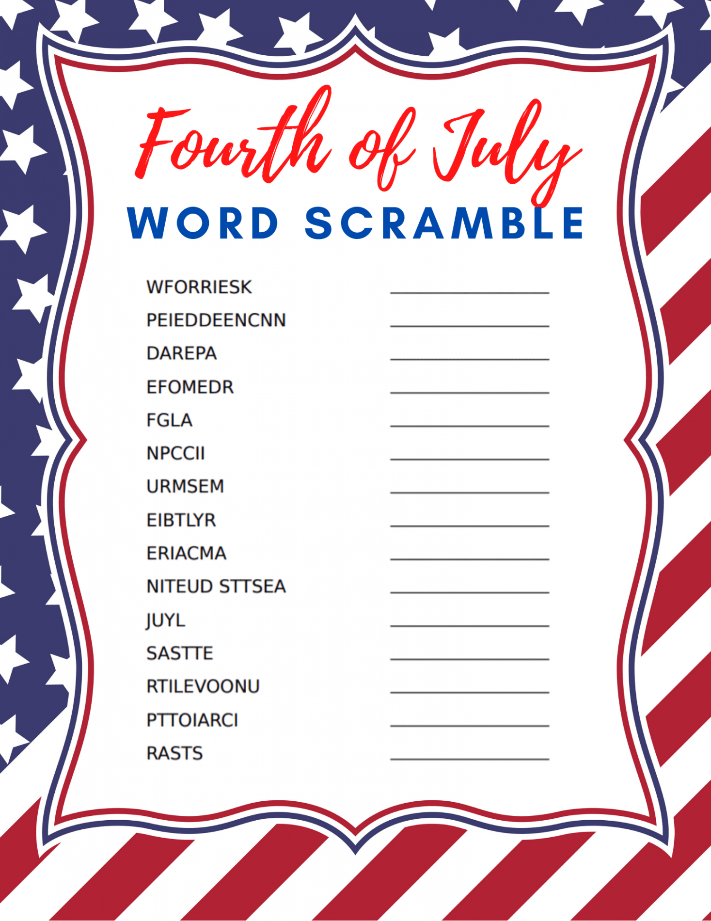 Free Printable Fourth of July Word Search and Word Scramble