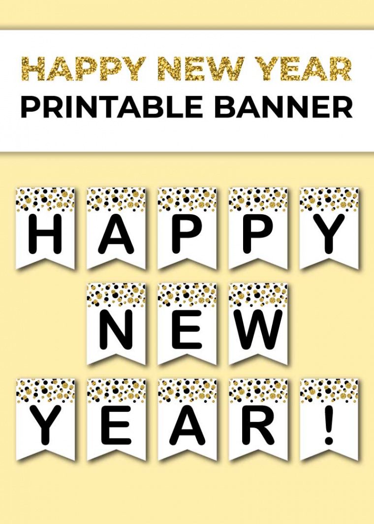 Free printable Happy New Year banner (black and golden confetti