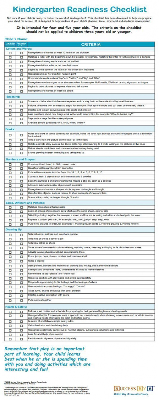 Free Printable Kindergarten Readiness Checklist PDF Sheets For