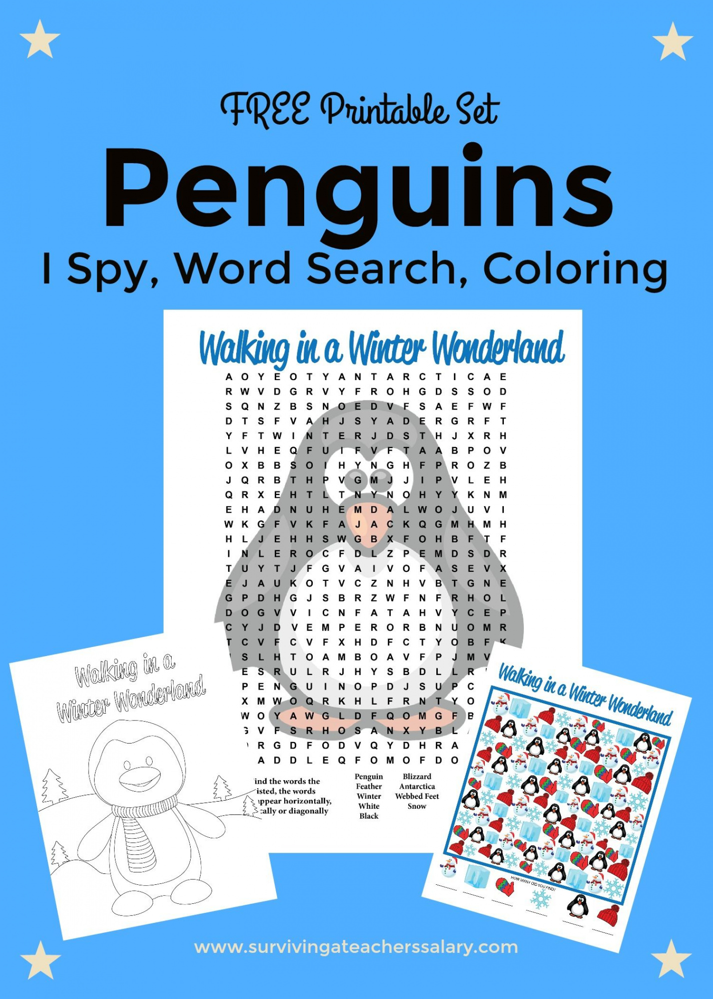 Free Printable Penguins Worksheets: Coloring Sheet, Word Search, I