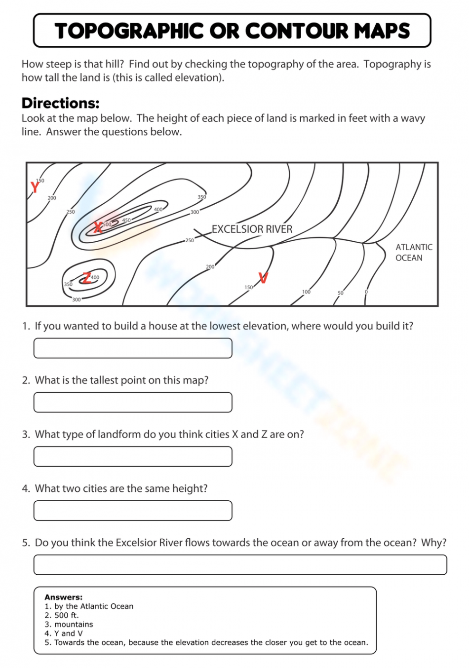 Free Printable Topographic Map Worksheets for Students