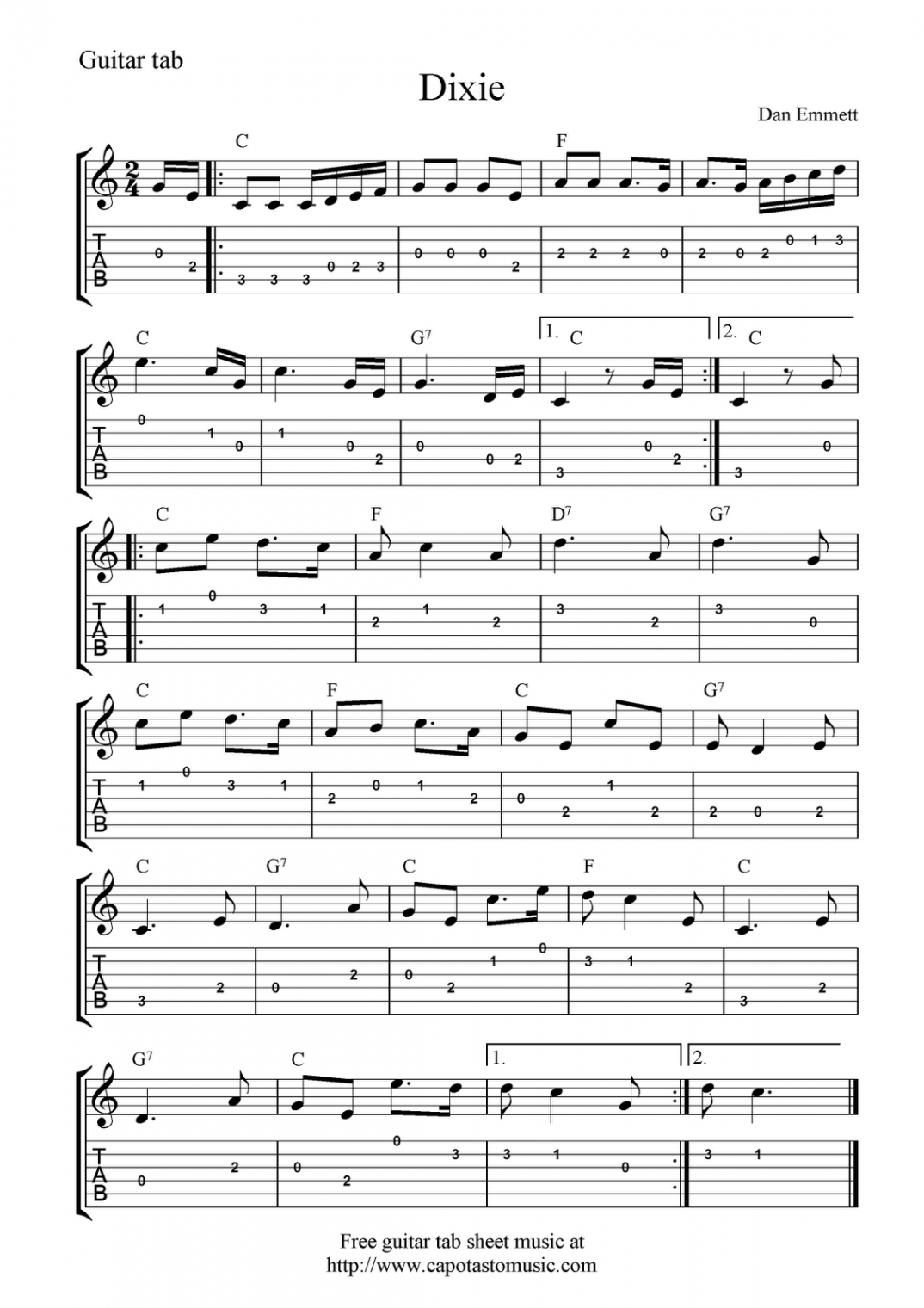 Free Sheet Music Scores: Free guitar tab sheet music, Dixie