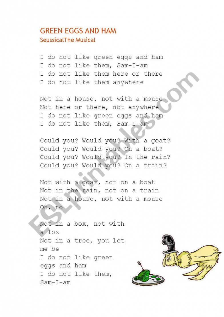 GREEN EGGS AND HAM MUSICAL LYRICS - ESL worksheet by anabelenesteve