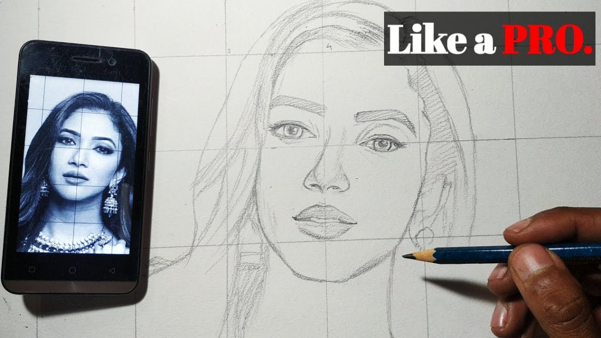 how to draw a face using grid method easily from mobile .