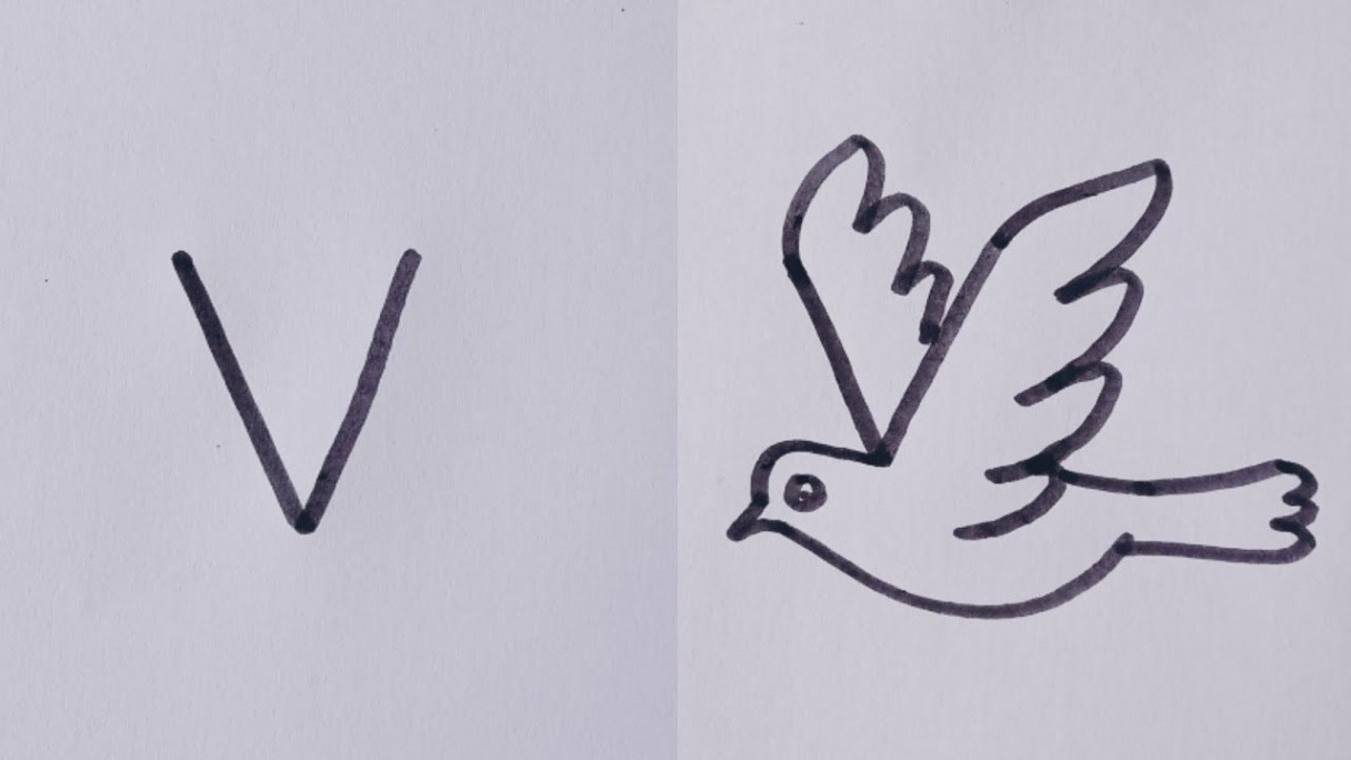 How to draw a Flying bird (Dove) Easy drawing step by step//Flying bird  from letter V.