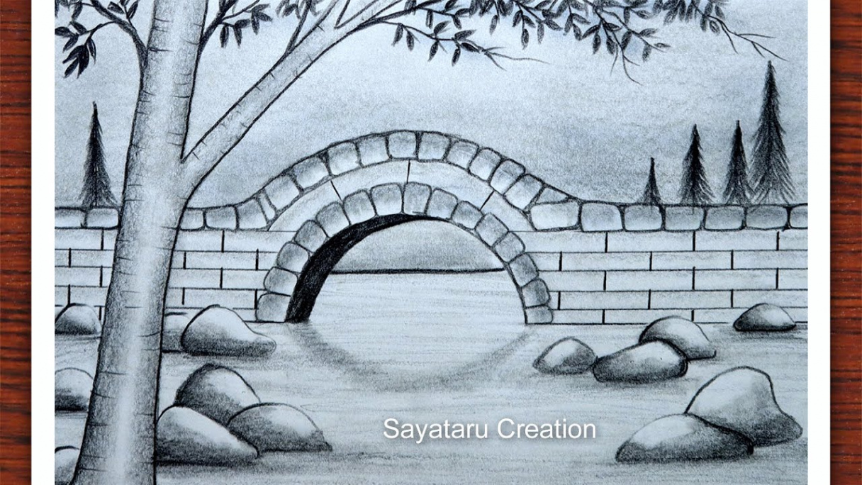 How to draw beautiful nature scenery, Bridge scenery pencil sketch