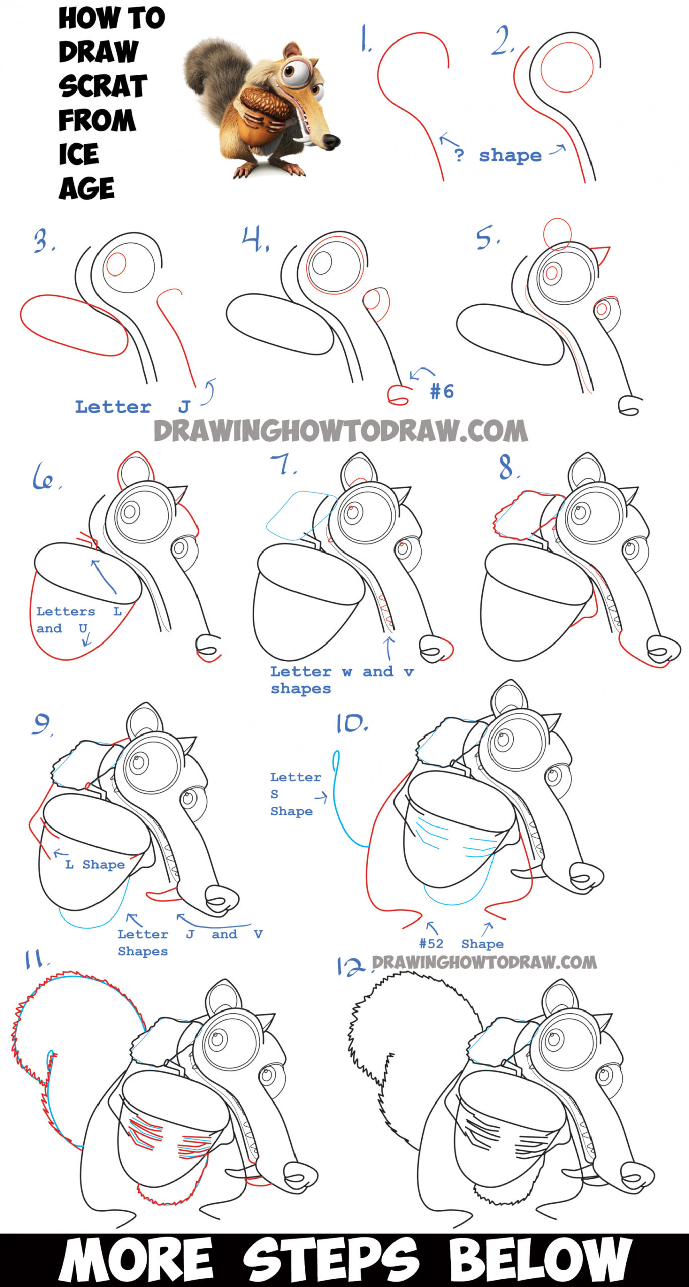 How to Draw Scrat the Squirrel and Acorn from Ice Age - Step by