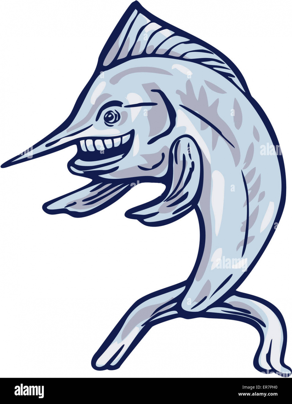 Illustration of a blue marlin fish happy and standing up pointing