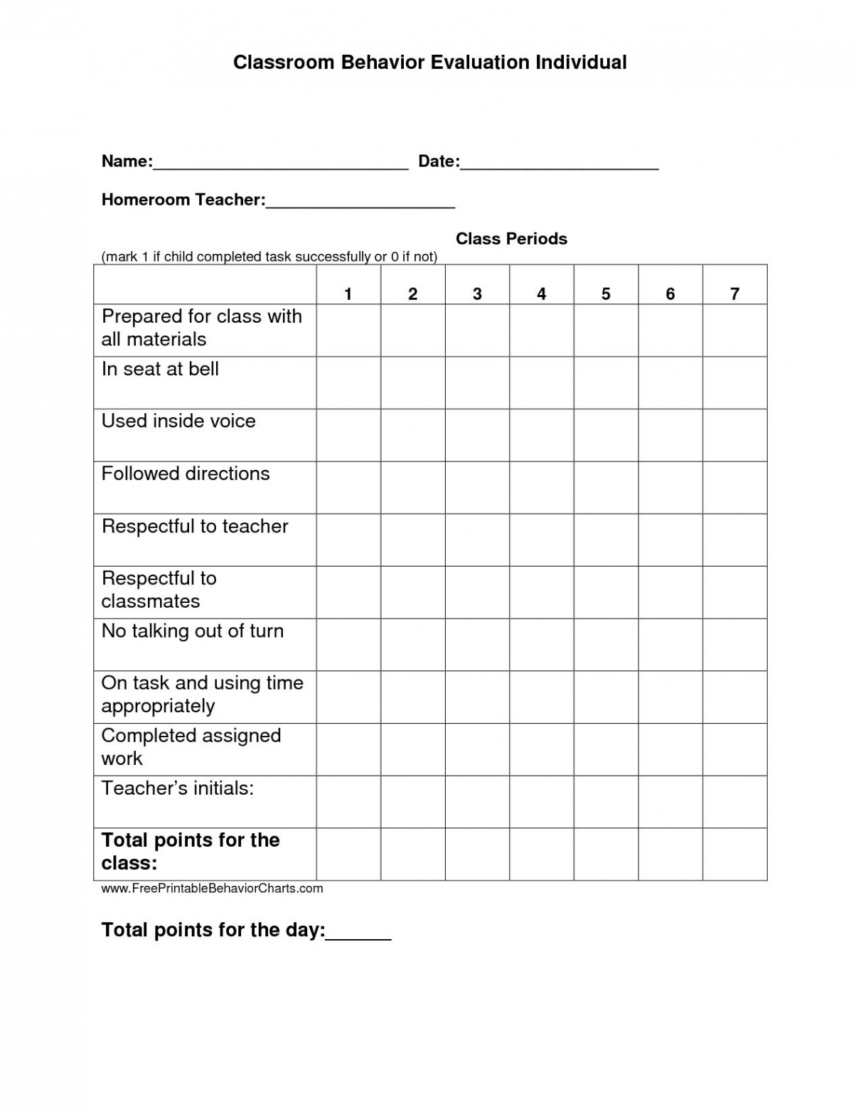 Individual Student Behavior Chart Printable  Printable Individual