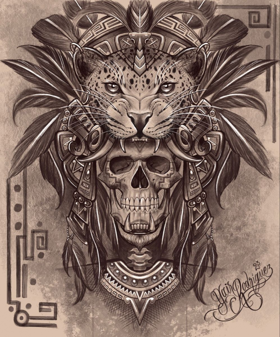 Jaguar tattoo craneo in   Aztec tattoo designs, Aztec drawing