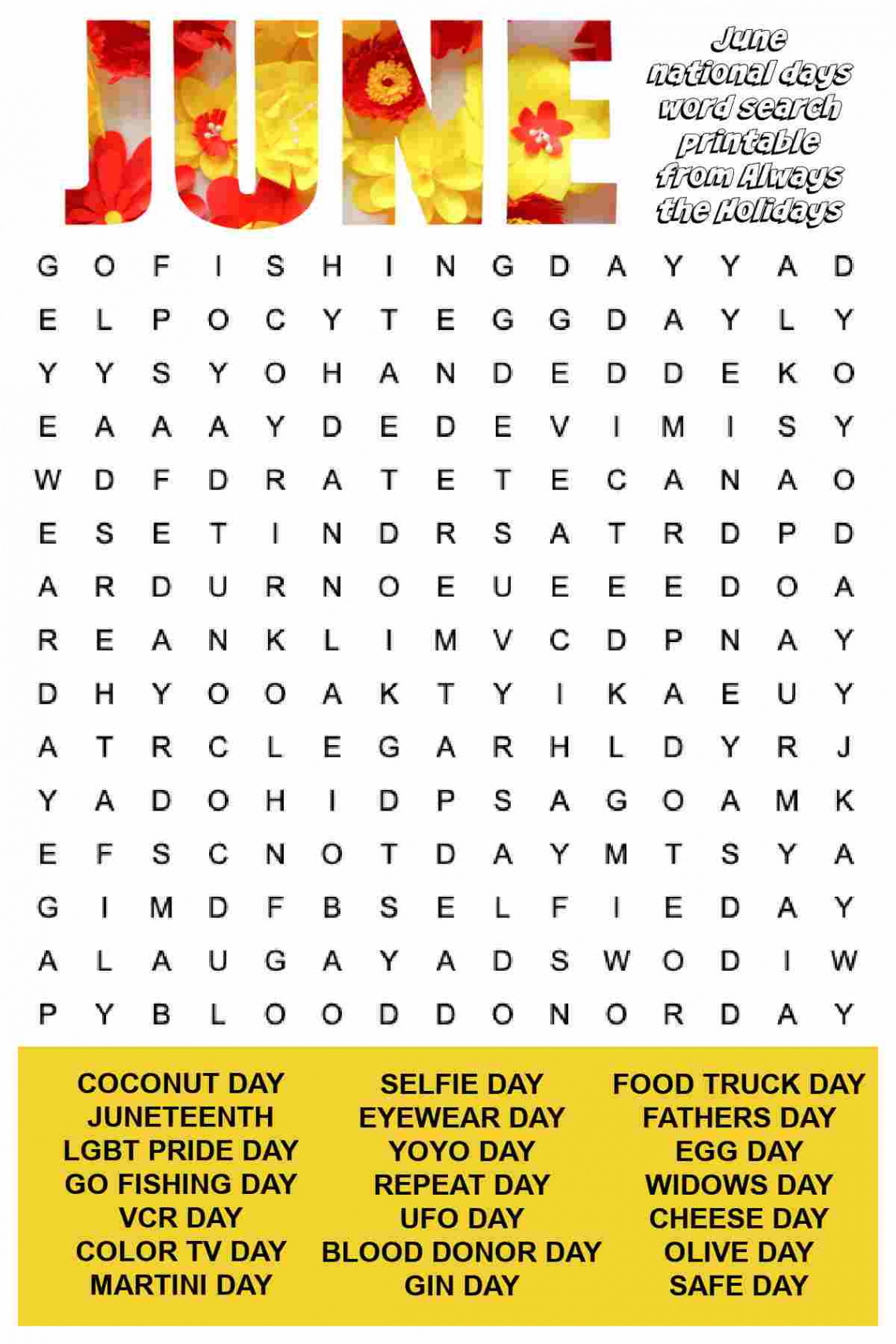 June Word Search Printable - National Days Word Find Puzzle