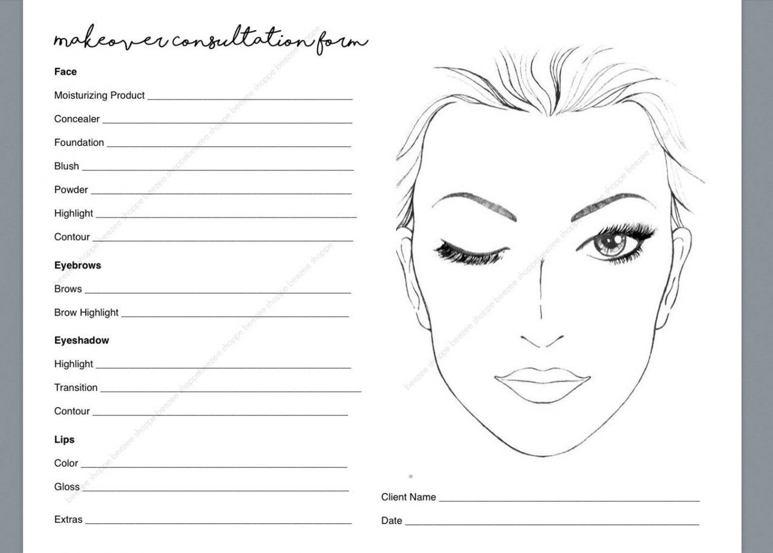 Makeup Consultation Form Makeover Form Makeup Artist - Etsy